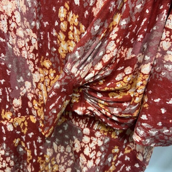 Free People Red tan Floral Long Sleeve Tiered Mini Dress printed XL prairie cott - Picture 6 of 8